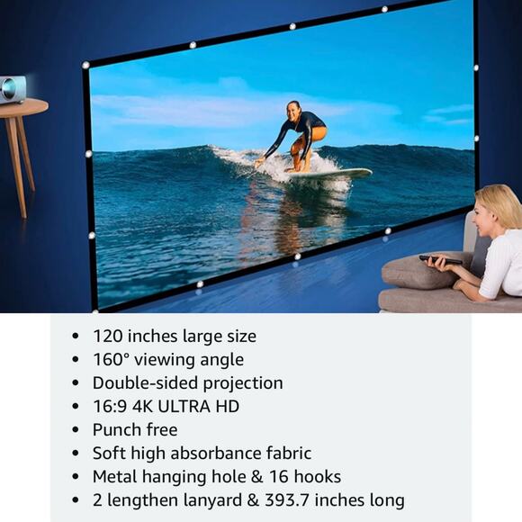 Osoeri Projector Movie Home Theater Screen 120 inch, 4K 16:9 HD Anti-Crease NEW - Picture 8 of 11